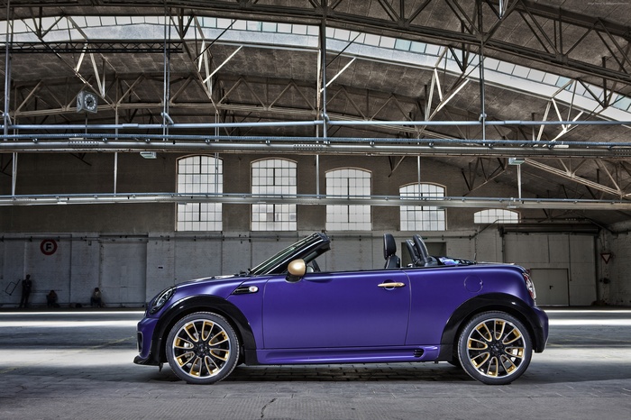 Purple Mini Cooper S Roadster Convertible in Warehouse