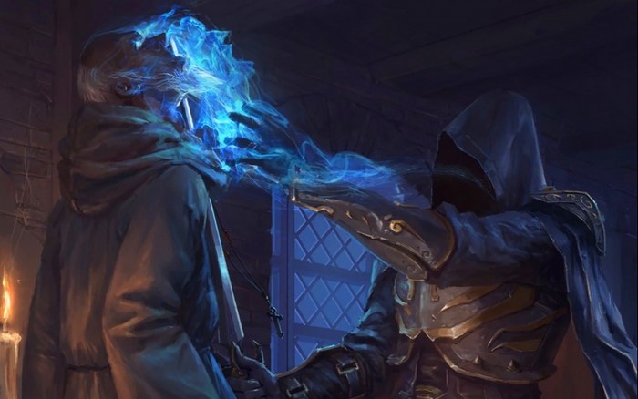 Fantasy art of a hooded figure casting a spell on an old man
