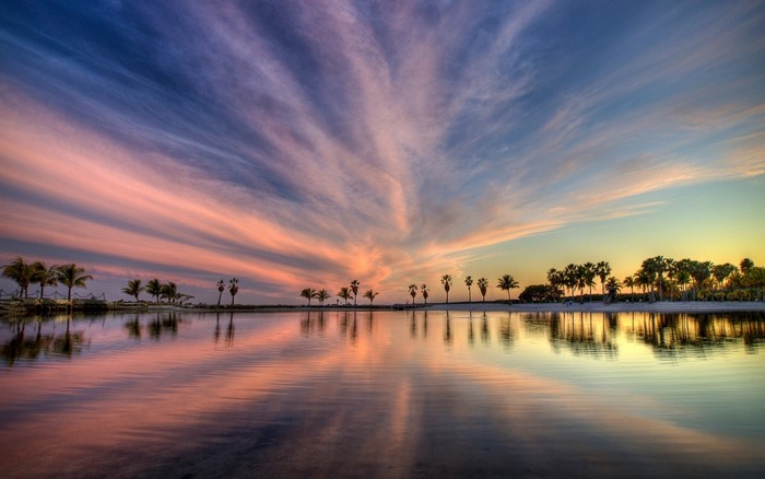 Sunset over water with palm trees and colorful sky
