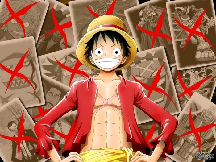 Monkey D. Luffy from One Piece with crossed-out bounty posters