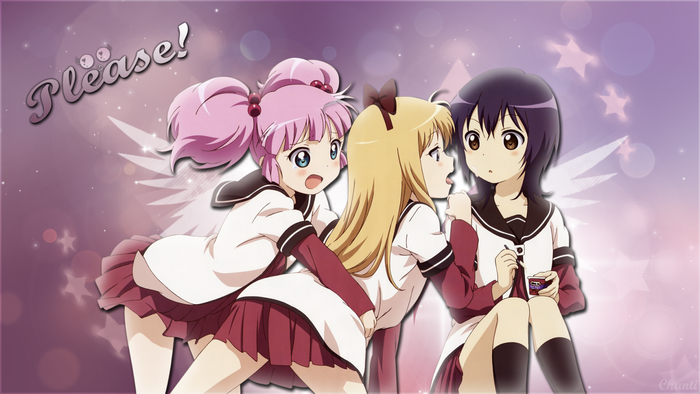 Three anime girls in school uniforms, Yuru Yuri