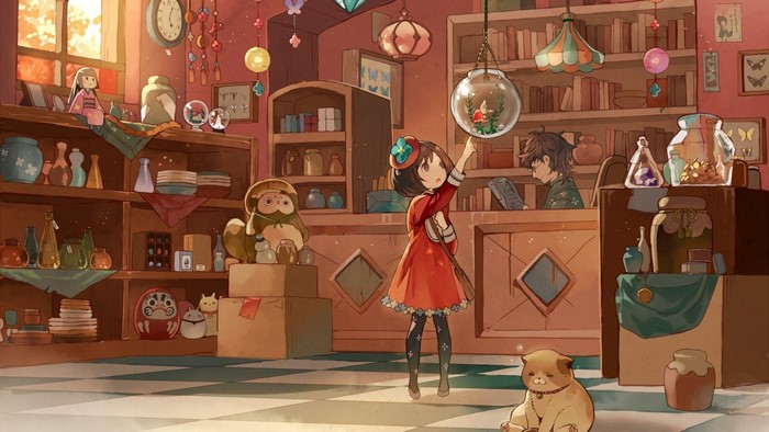 Anime girl in red dress in a shop with a cat