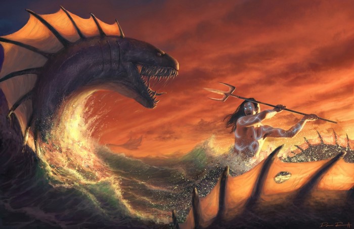 Man with trident fights sea monster in ocean