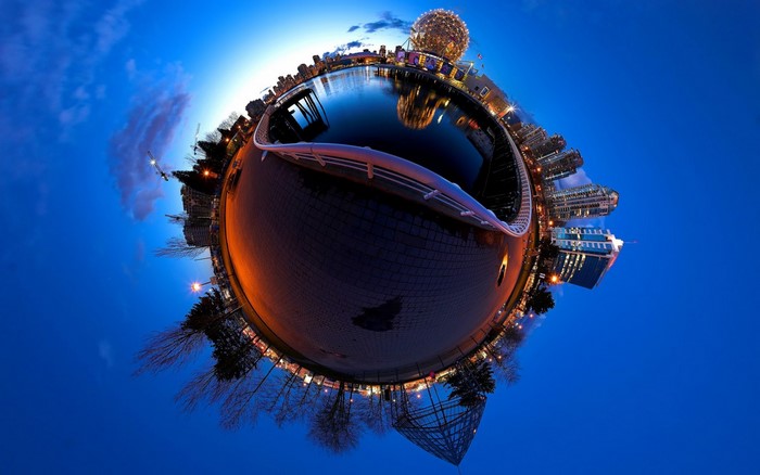 Vancouver cityscape at dusk, panoramic sphere