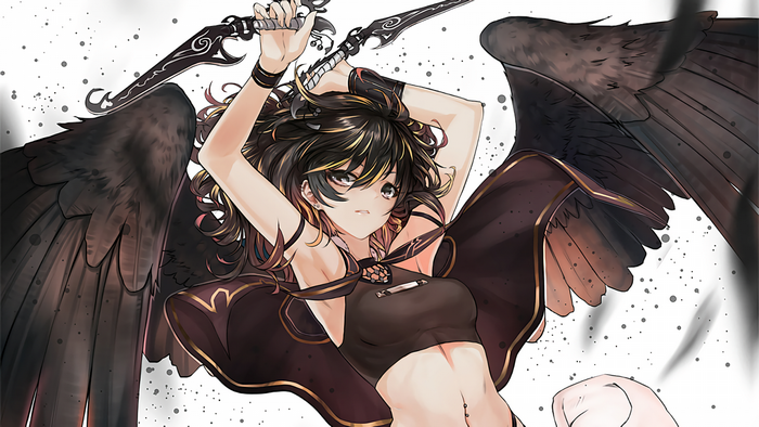 Anime girl with black wings and daggers