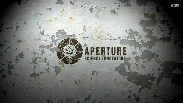 Aperture Science Innovators logo on a distressed wall