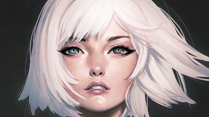 Close-up portrait of a woman with white hair
