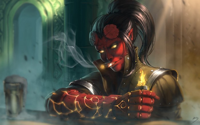 HellGirl smoking a cigar with a lighter