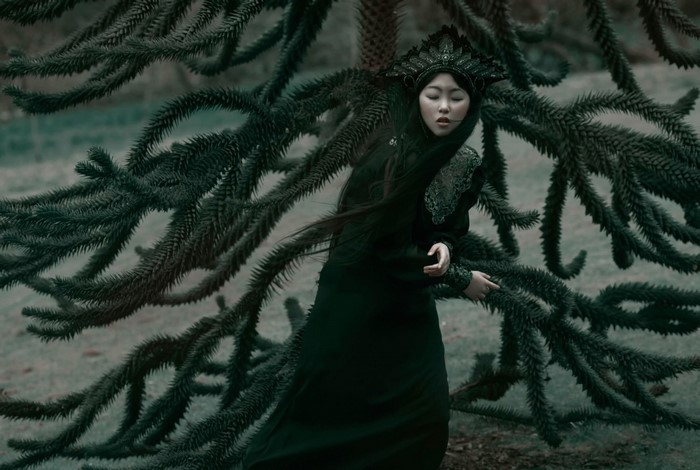 Woman in dark dress and crown near tree branches