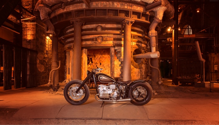 BMW R 18 custom motorcycle in industrial setting