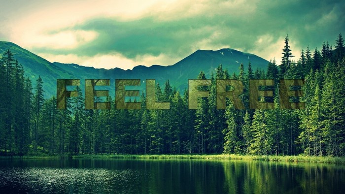 Feel Free text over a forest and lake landscape