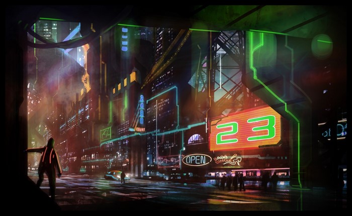 Futuristic Cityscape at Night with Neon Signs