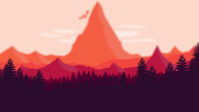 A fellowship walks through a forest towards mountains at sunset