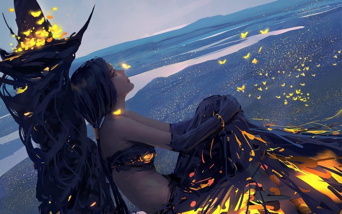 Woman with glowing butterflies and dark dress