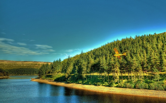 Yellow airplane flying over a forest and lake