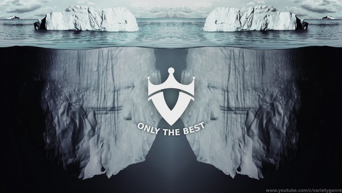 Icebergs above and below the water with a logo