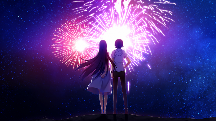Anime couple watching fireworks