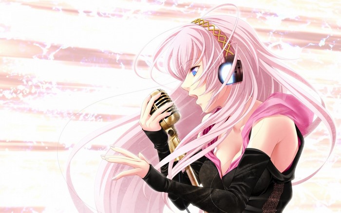 Megurine Luka from Vocaloid singing into a microphone