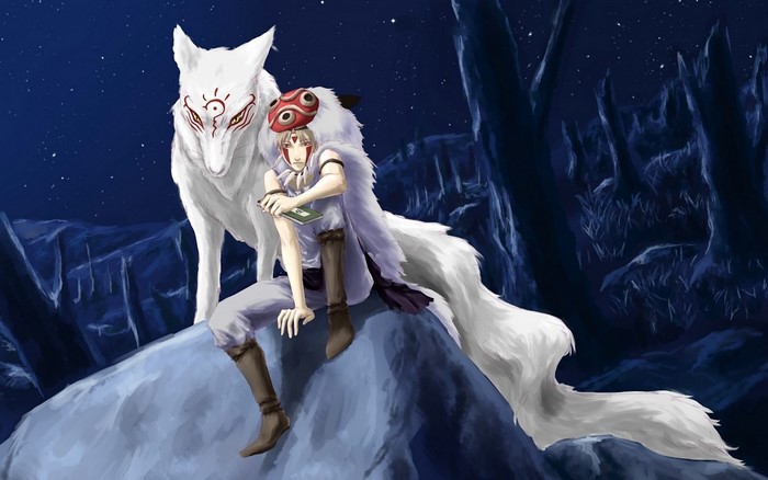 Anime character with wolf in a forest at night