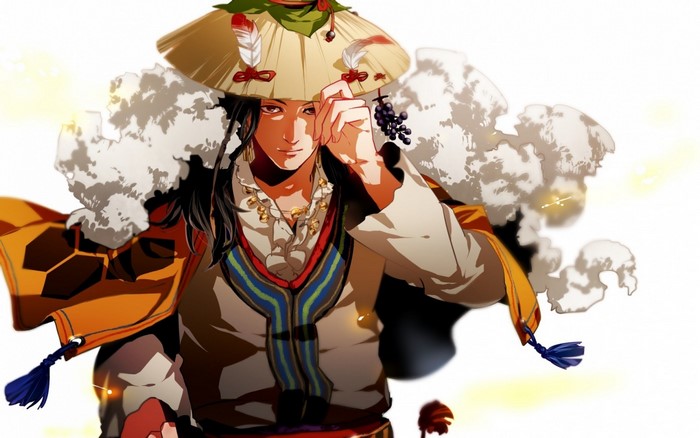Anime man with hat and feathers