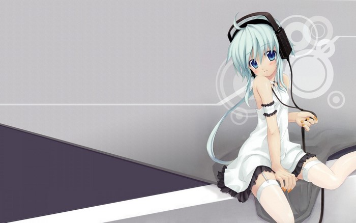 Anime girl with headphones wearing a white dress