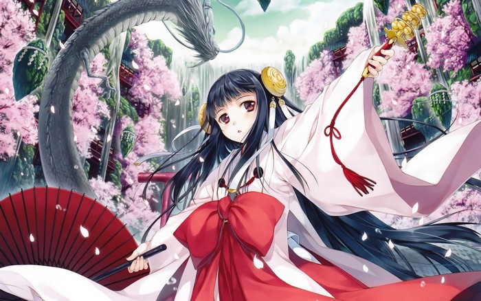 Miko with Dragon and Cherry Blossoms
