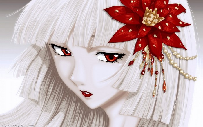 Anime girl with white hair and red eyes wearing a red flower accessory