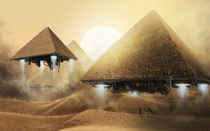 Flying pyramids in a desert landscape