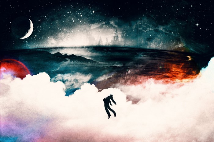 Man falling through clouds in space with moon and stars