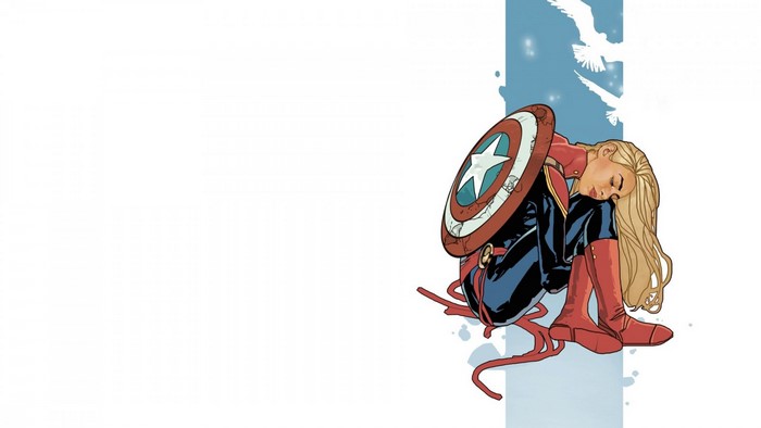 Captain Marvel from Marvel Comics sitting with shield