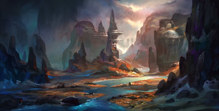 Fantasy landscape with alien rock formations and structures