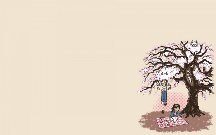 Cartoon characters hanging from a cherry blossom tree during a picnic