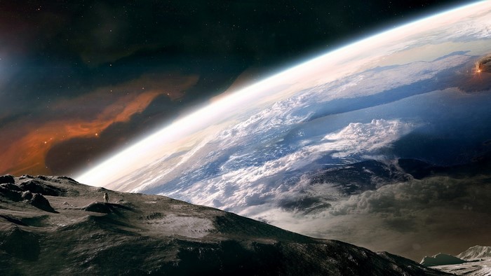 Astronaut on the Moon overlooking Earth