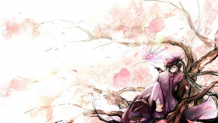 Anime girl in purple sitting on a tree with cherry blossoms