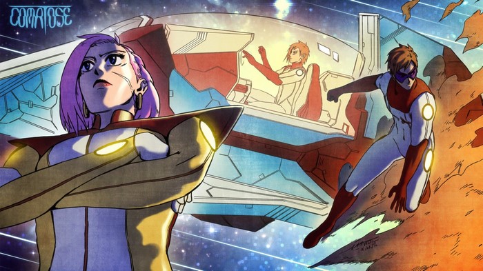 Comatose illustration with superheroes in a spaceship