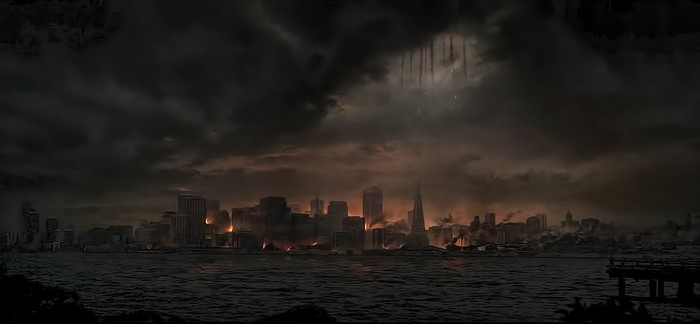Cityscape at night with Godzilla-like attack