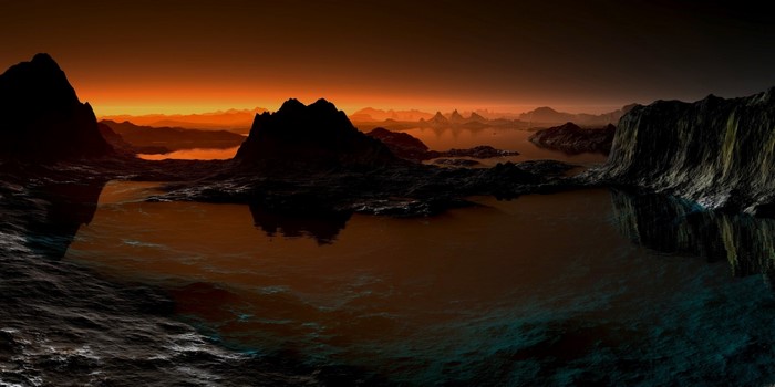 Alien landscape with mountains and water at sunset