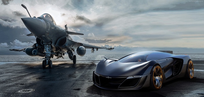 Bell & Ross Aero GT concept car and fighter jet on aircraft carrier