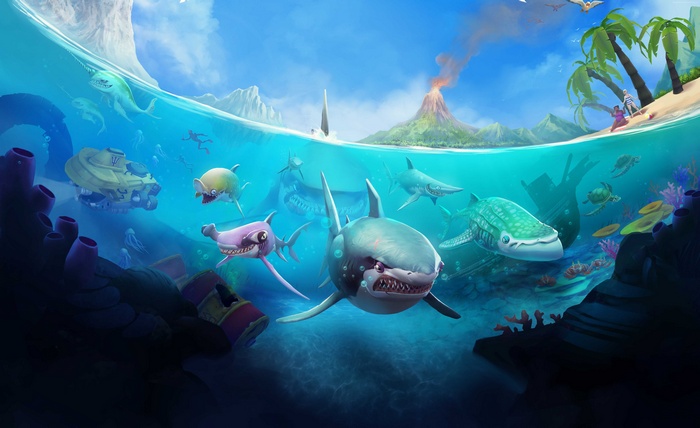 Hungry Shark World game art with sharks and a volcano