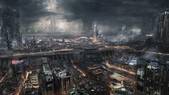 Science fiction cityscape at night with skyscrapers