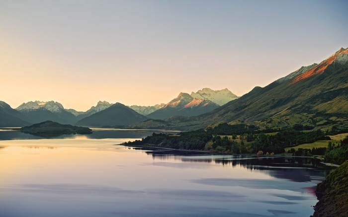 Lake and mountains at sunset