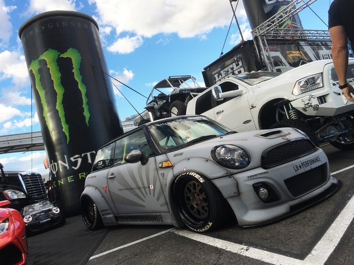 Modified Mini Cooper and Monster Energy Can at Auto Show