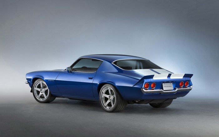 Blue Chevrolet Camaro RS with white stripes