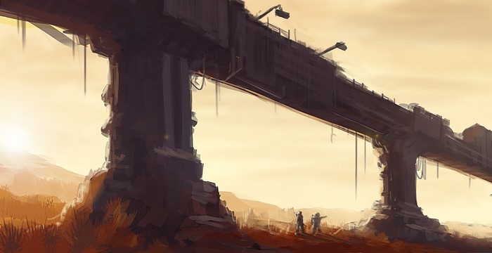 Apocalyptic landscape with ruined bridge and figures
