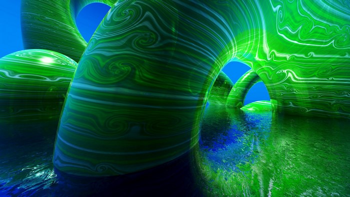 Abstract green and blue toroidal shapes reflected in water