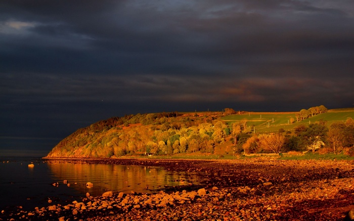 Rocky shore and hill with trees at sunset