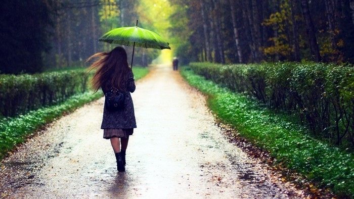 Woman with umbrella walking on a path in the rain