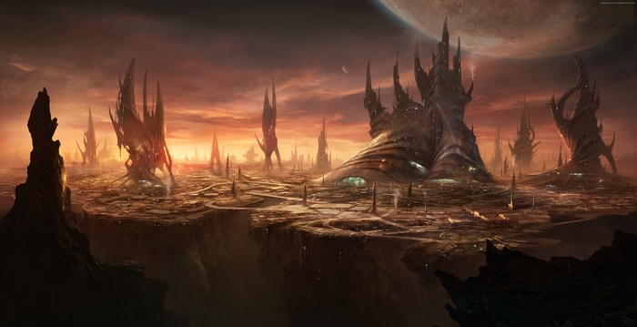 Alien Cityscape with Spire-like Structures and Large Planet
