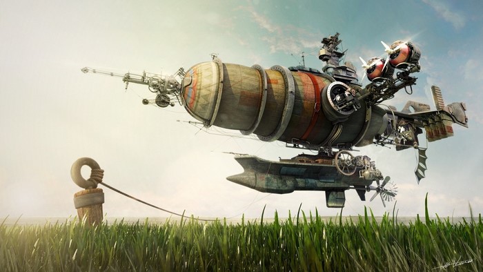 Steampunk airship floating over a grassy field