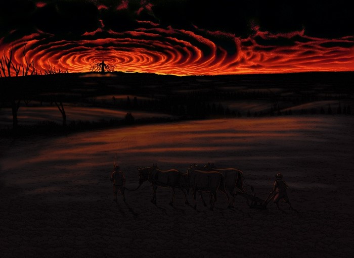 Figure in a swirling red sky over a field with horses and a farmer
